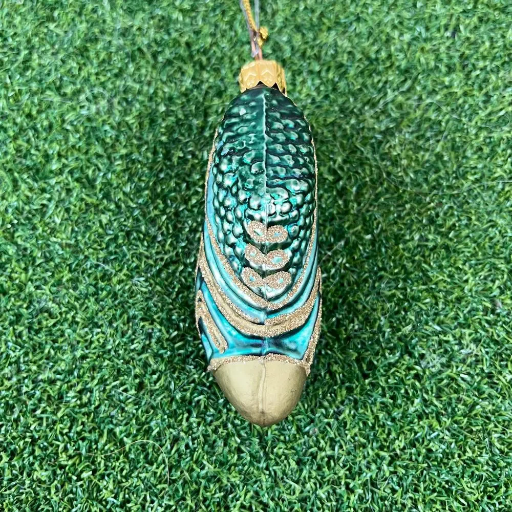 Vintage Home for the Holidays Teal Gold Hand Blown Glass Boot Shoe Ornament